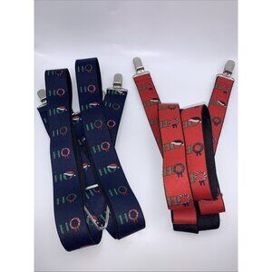 Lot 2 Vtg. Pelican USA Christmas Suspenders Blue Red HO HO HO Design Adjustable